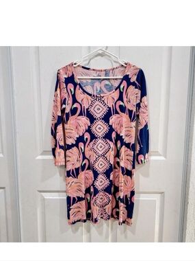 Navy Floral Flamingo Scoop-Neck Long Sleeve Dress